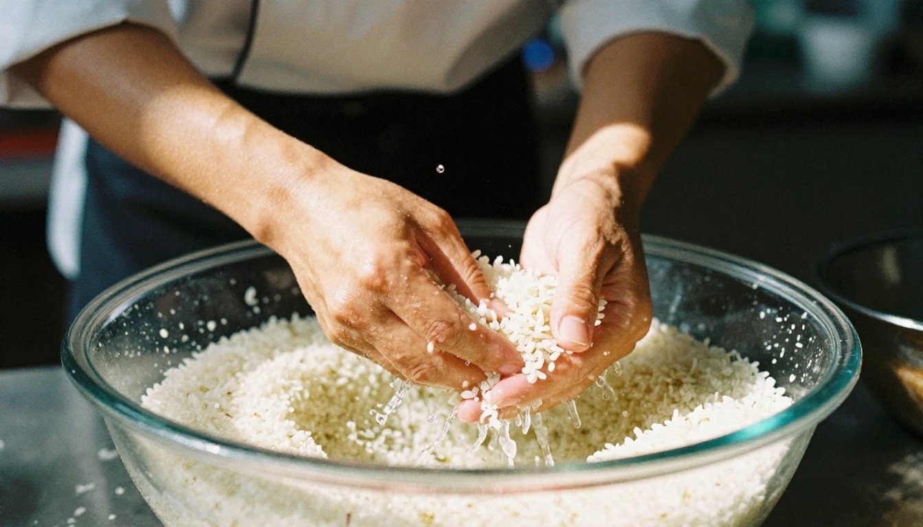 Εικόνα ενός σεφ που πλένει ρύζι