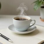 Εικόνα ενός ήσυχου χώρου εργασίας το πρωί με καφέ, σημειώσεις και φυτά.