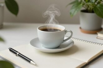 Εικόνα ενός ήσυχου χώρου εργασίας το πρωί με καφέ, σημειώσεις και φυτά.