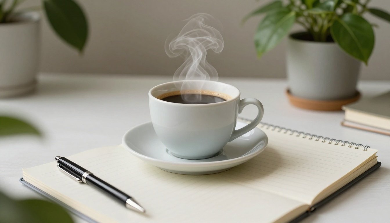 Εικόνα ενός ήσυχου χώρου εργασίας το πρωί με καφέ, σημειώσεις και φυτά.