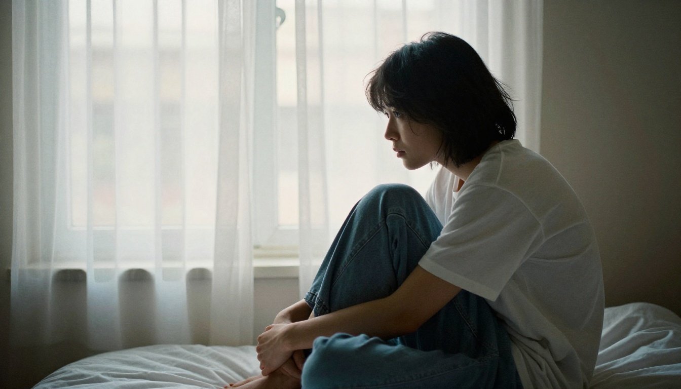Άτομο που κάθεται σε κρεβάτι με μελαγχολικό βλέμμα