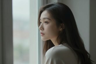 Ένας όμορφος άνθρωπος κοιτάζει έξω από ένα παράθυρο, εκφράζοντας τη σκέψη και τη μοναξιά.