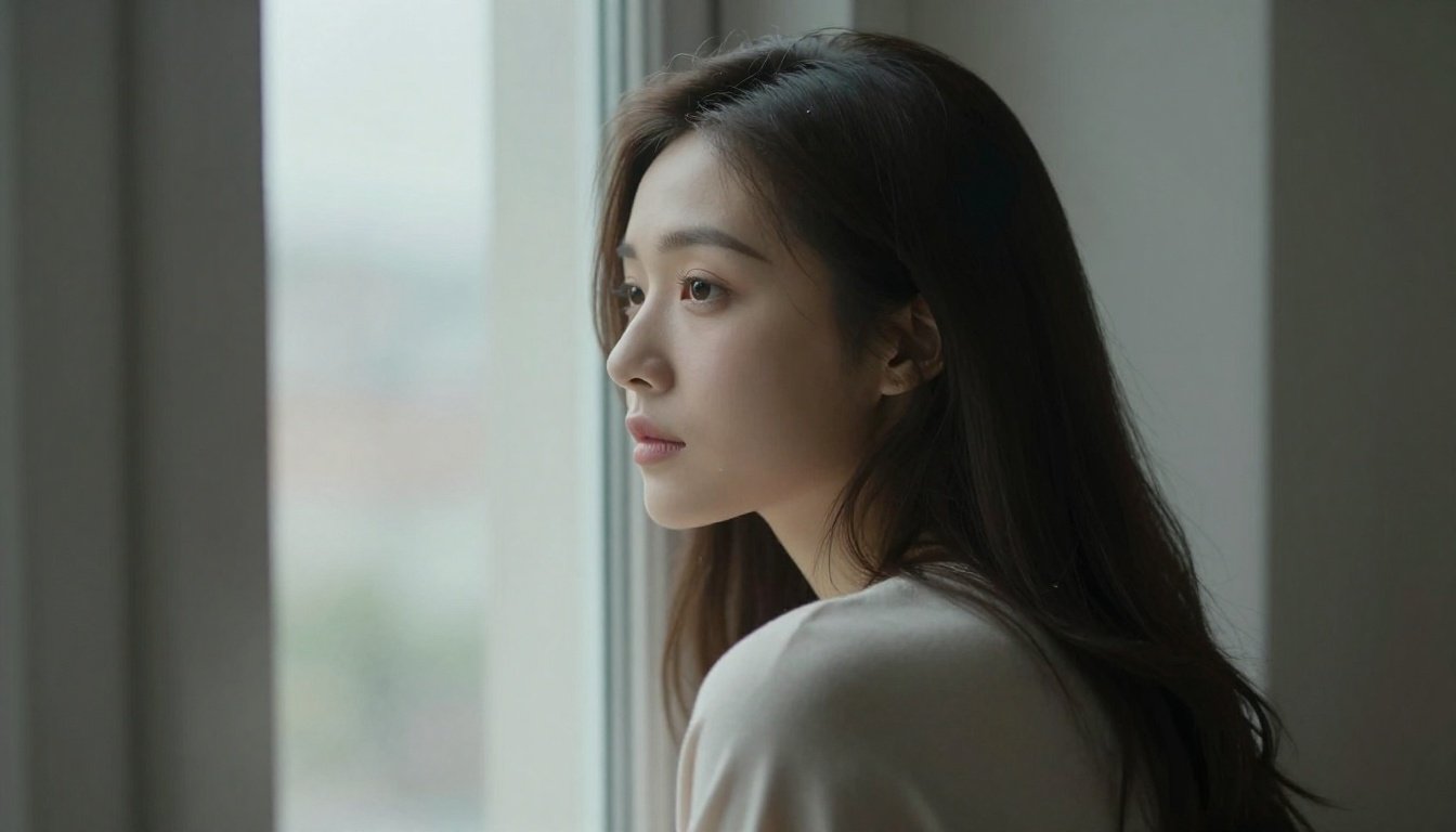 Ένας όμορφος άνθρωπος κοιτάζει έξω από ένα παράθυρο, εκφράζοντας τη σκέψη και τη μοναξιά.