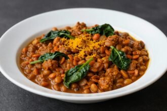 Ένα πιάτο κάρυ με φακές, σπανάκι και κουρκουμά, στημένο όμορφα.