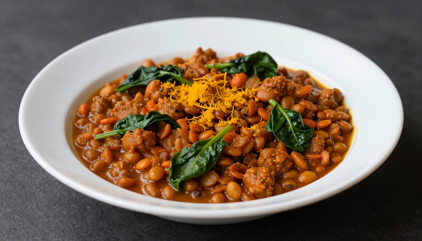 Ένα πιάτο κάρυ με φακές, σπανάκι και κουρκουμά, στημένο όμορφα.