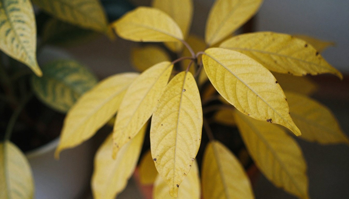 Γιατί κιτρινίζουν τα φύλλα στα φυτά εσωτερικού χώρου τον χειμώνα 2 Μια κοντινή φωτογραφία κιτρινισμένων φύλλων φυτών εσωτερικού χώρου