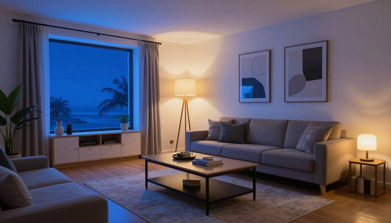 Εικόνα που απεικονίζει τον αντίκτυπο των LED φώτων σε έναν σύγχρονο χώρο διαβίωσης.