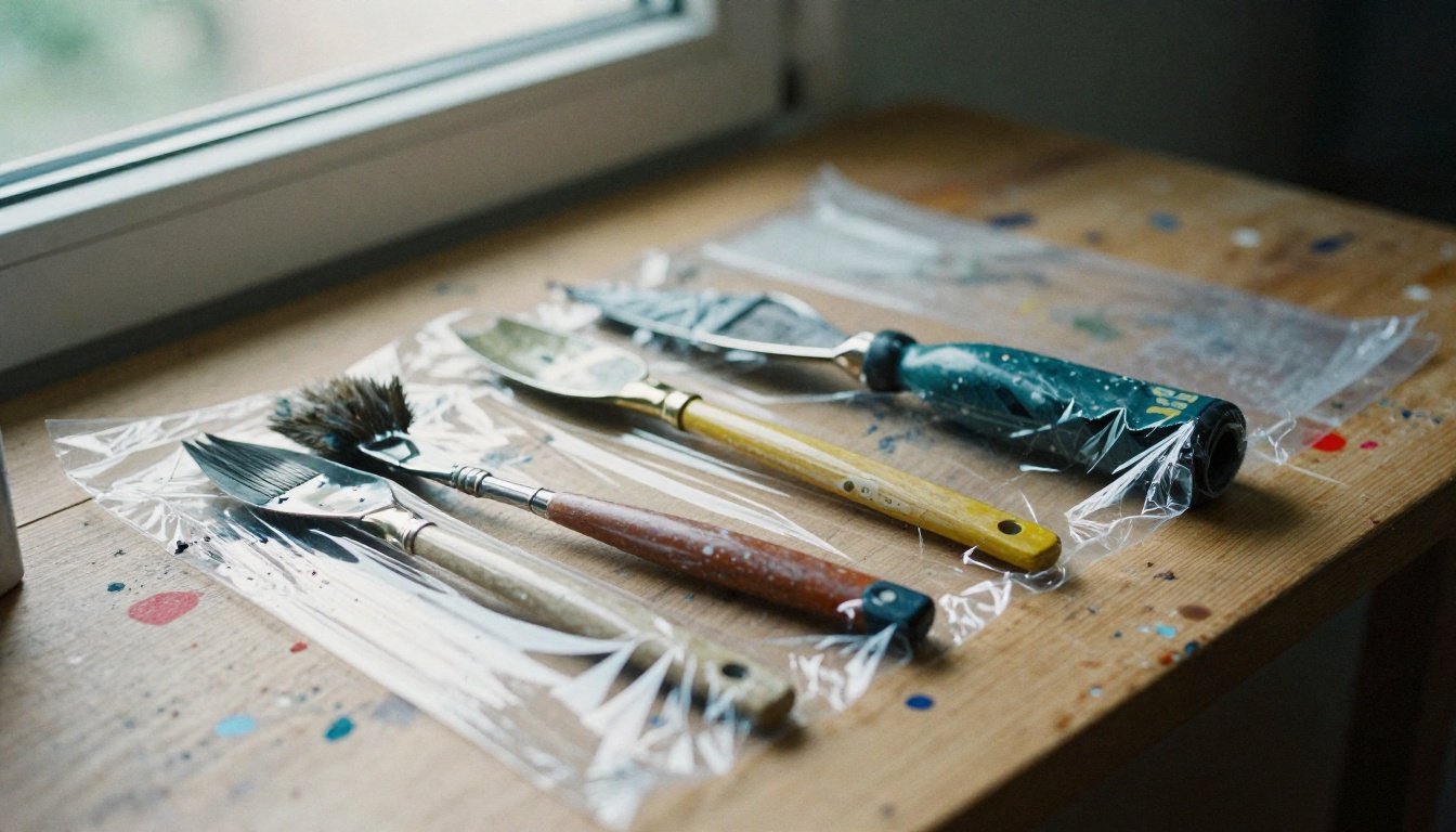 7 Καθημερινές Χρήσεις της Πλαστικής Μεμβράνης που Δεν Έχετε Σκεφτεί 2 Πινέλα και ρολά βαφής τυλιγμένα με πλαστική μεμβράνη