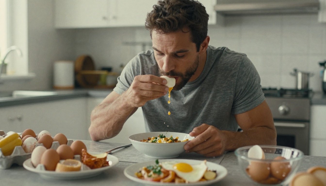 Άνδρας έφαγε 900 αυγά σε 30 ημέρες — Οι αλλαγές στις εξετάσεις του που άφησαν άναυδους τους γιατρούς 2 Άνδρας που τρώει αυγά στην κουζίνα