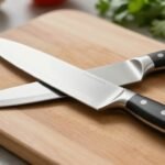 Μαχαίρι κουζίνας σε ξύλινη επιφάνεια κοπής με φρέσκα βότανα και λαχανικά γύρω του