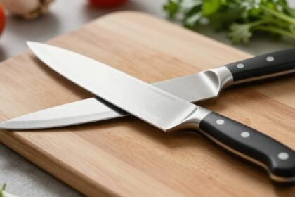 Μαχαίρι κουζίνας σε ξύλινη επιφάνεια κοπής με φρέσκα βότανα και λαχανικά γύρω του