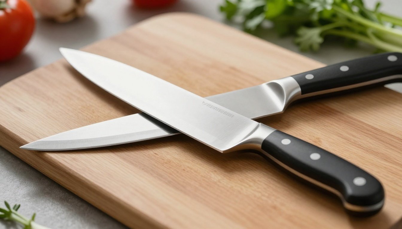 Μαχαίρι κουζίνας σε ξύλινη επιφάνεια κοπής με φρέσκα βότανα και λαχανικά γύρω του