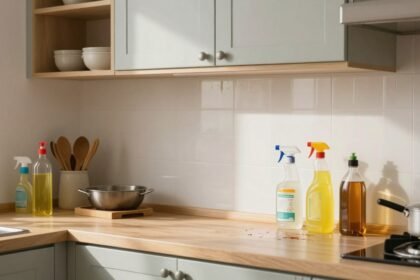 Καθαρά ντουλάπια κουζίνας με φυσικά καθαριστικά και ζεστό φωτισμό