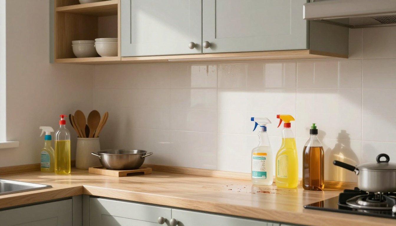 Καθαρά ντουλάπια κουζίνας με φυσικά καθαριστικά και ζεστό φωτισμό