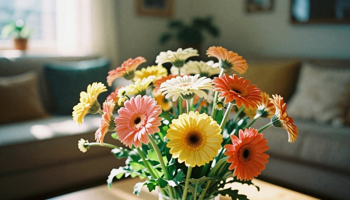 Η άνοιξη στο σπίτι σας — Τα 5 φυτά που κάνουν τη διαφορά 2 Ζέρμπερες σε σαλόνι με φυσικό φωτισμό