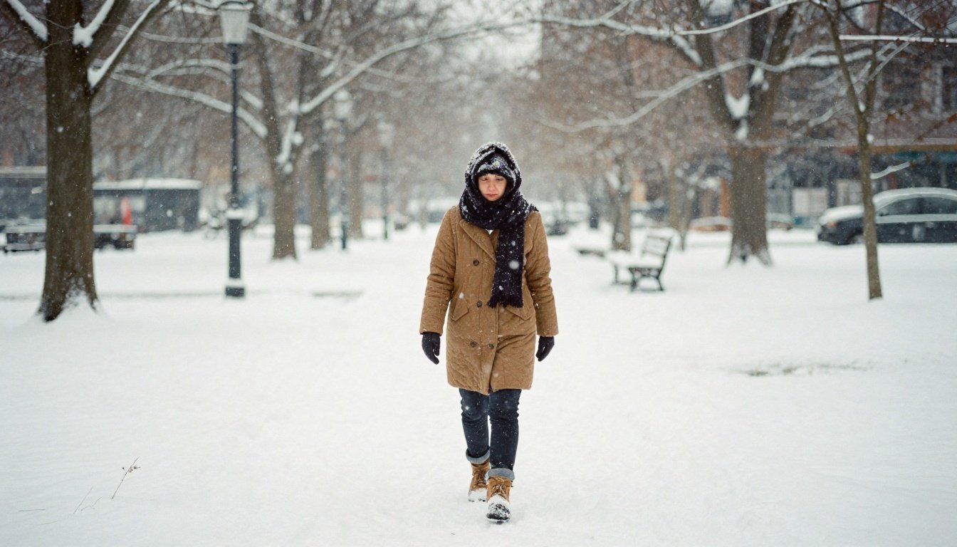 Άνθρωπος περιτυλιγμένος σε ζεστά ρούχα περπατώντας σε χιονισμένο πάρκο