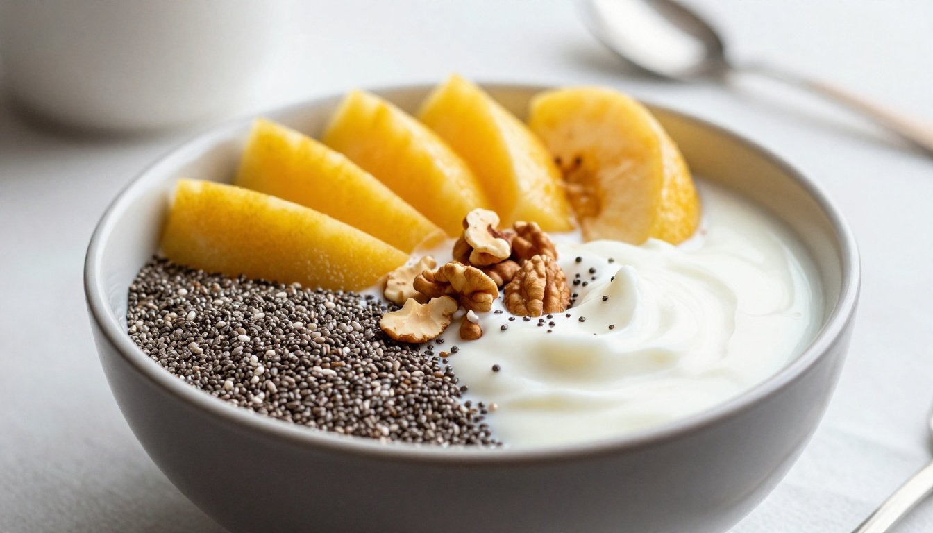 Υγιεινό πρωινό με σπόρους chia, φρούτα και γιαούρτι.