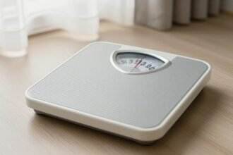 Σκηνικό πρωινού με μια ζυγαριά σε καθαρή επιφάνεια, φωτισμένο από φυσικό φως.