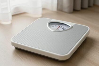 Σκηνικό πρωινού με μια ζυγαριά σε καθαρή επιφάνεια, φωτισμένο από φυσικό φως.