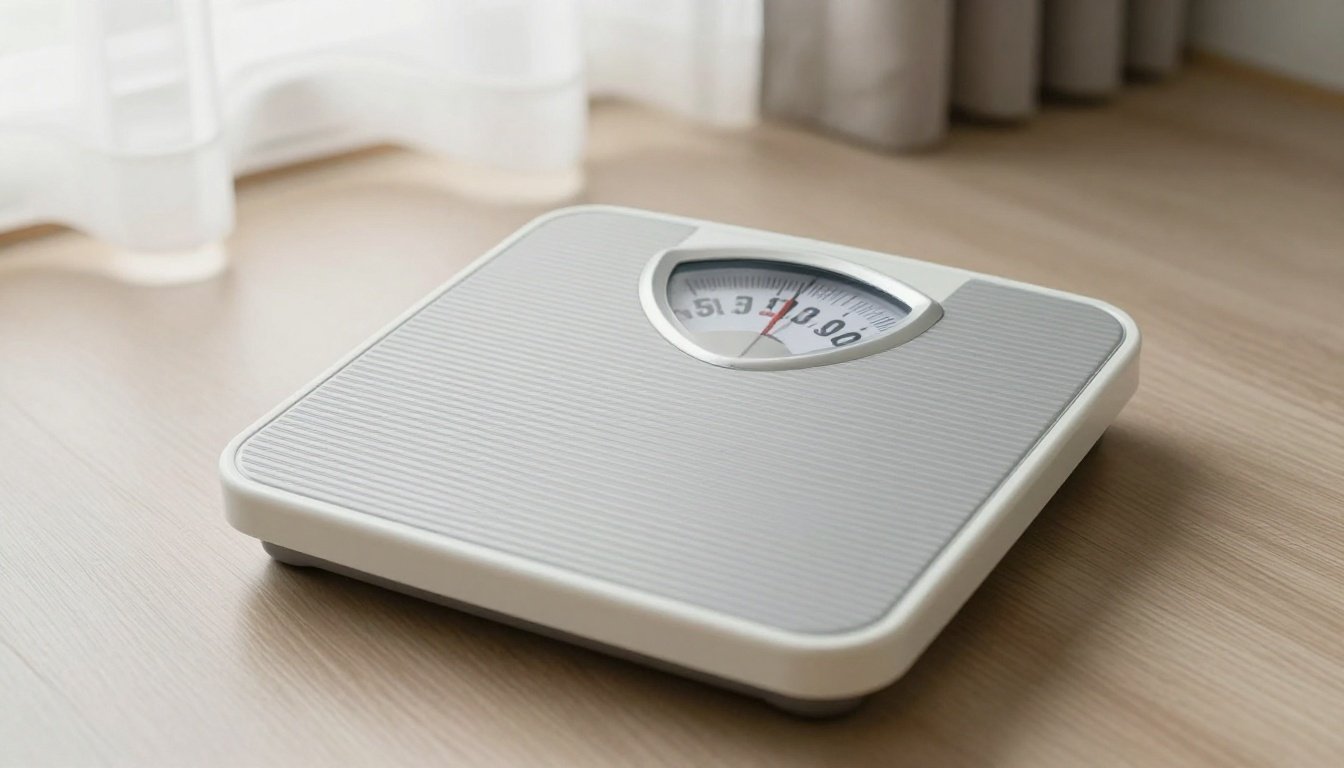 Σκηνικό πρωινού με μια ζυγαριά σε καθαρή επιφάνεια, φωτισμένο από φυσικό φως.