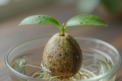Κουκούτσι αβοκάντο που βλασταίνει σε φυτό με ρίζες στο νερό.