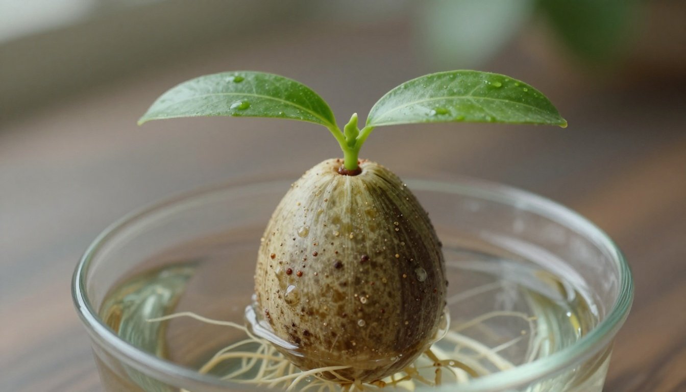 Κουκούτσι αβοκάντο που βλασταίνει σε φυτό με ρίζες στο νερό.