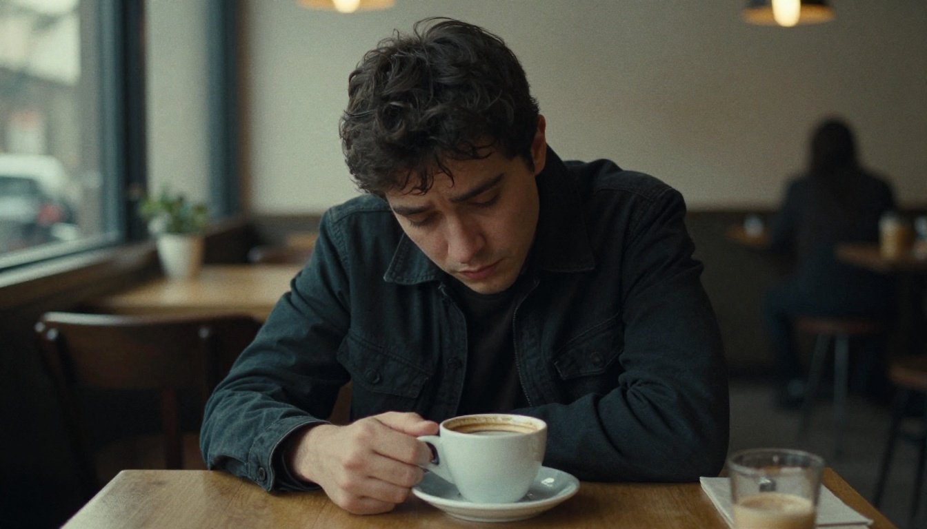 Ένα άτομο σε καφέ κοιτάζει ένα φλιτζάνι καφέ