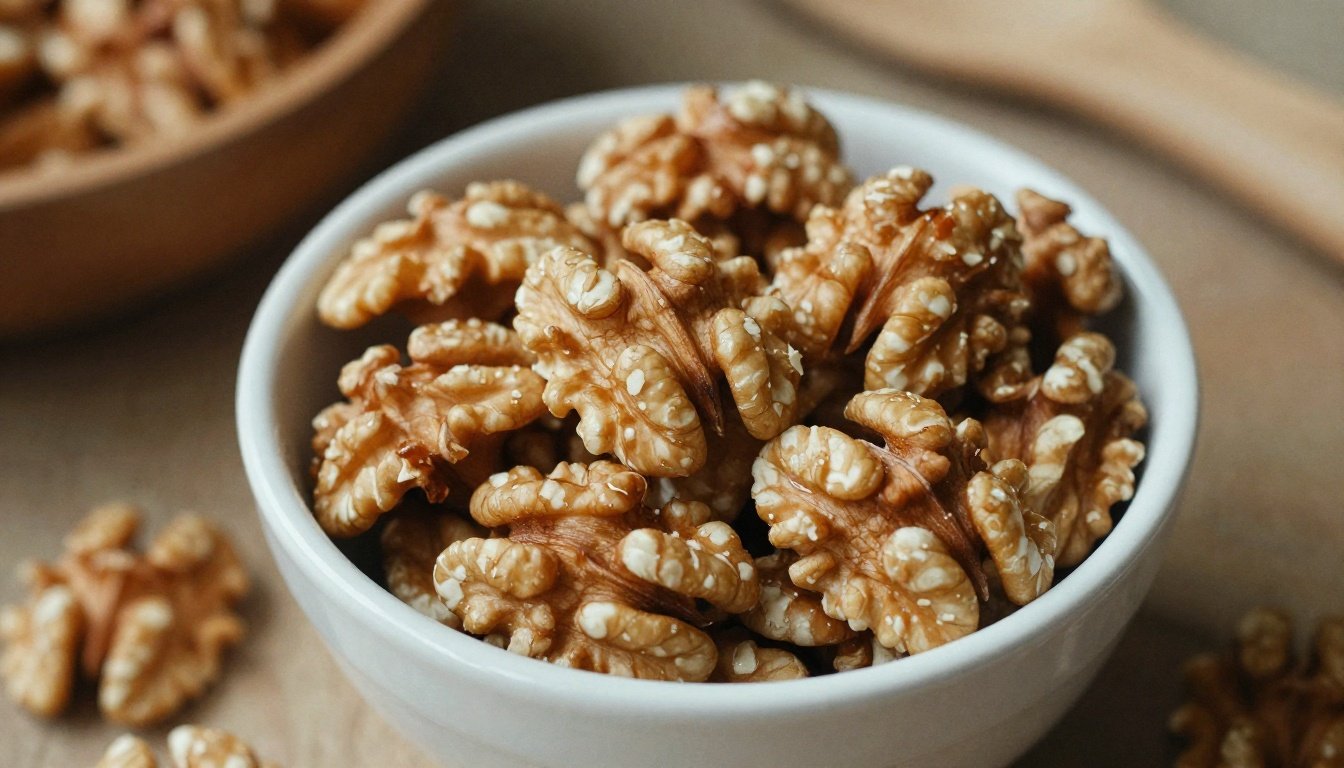 Κοντινή φωτογραφία καρυδιών σε ξύλινη κουζίνα