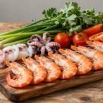 Διαφορετικά θαλασσινά πιάτα, περιλαμβάνοντας γαρίδες, καλαμάρια και χταπόδι, σε ξύλινη επιφάνεια.