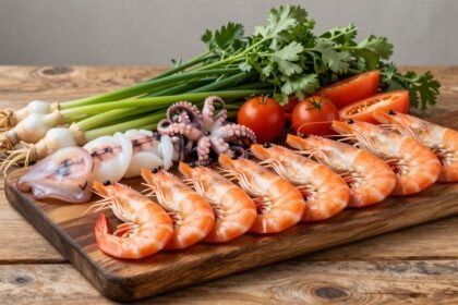 Διαφορετικά θαλασσινά πιάτα, περιλαμβάνοντας γαρίδες, καλαμάρια και χταπόδι, σε ξύλινη επιφάνεια.