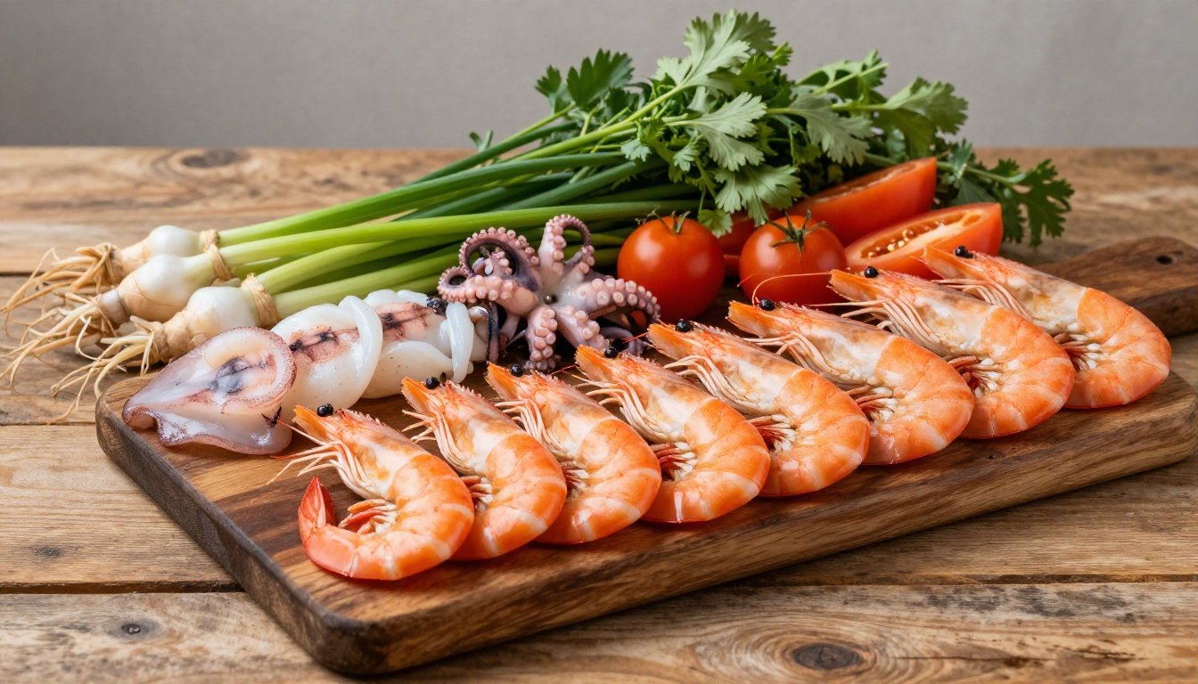 Διαφορετικά θαλασσινά πιάτα, περιλαμβάνοντας γαρίδες, καλαμάρια και χταπόδι, σε ξύλινη επιφάνεια.