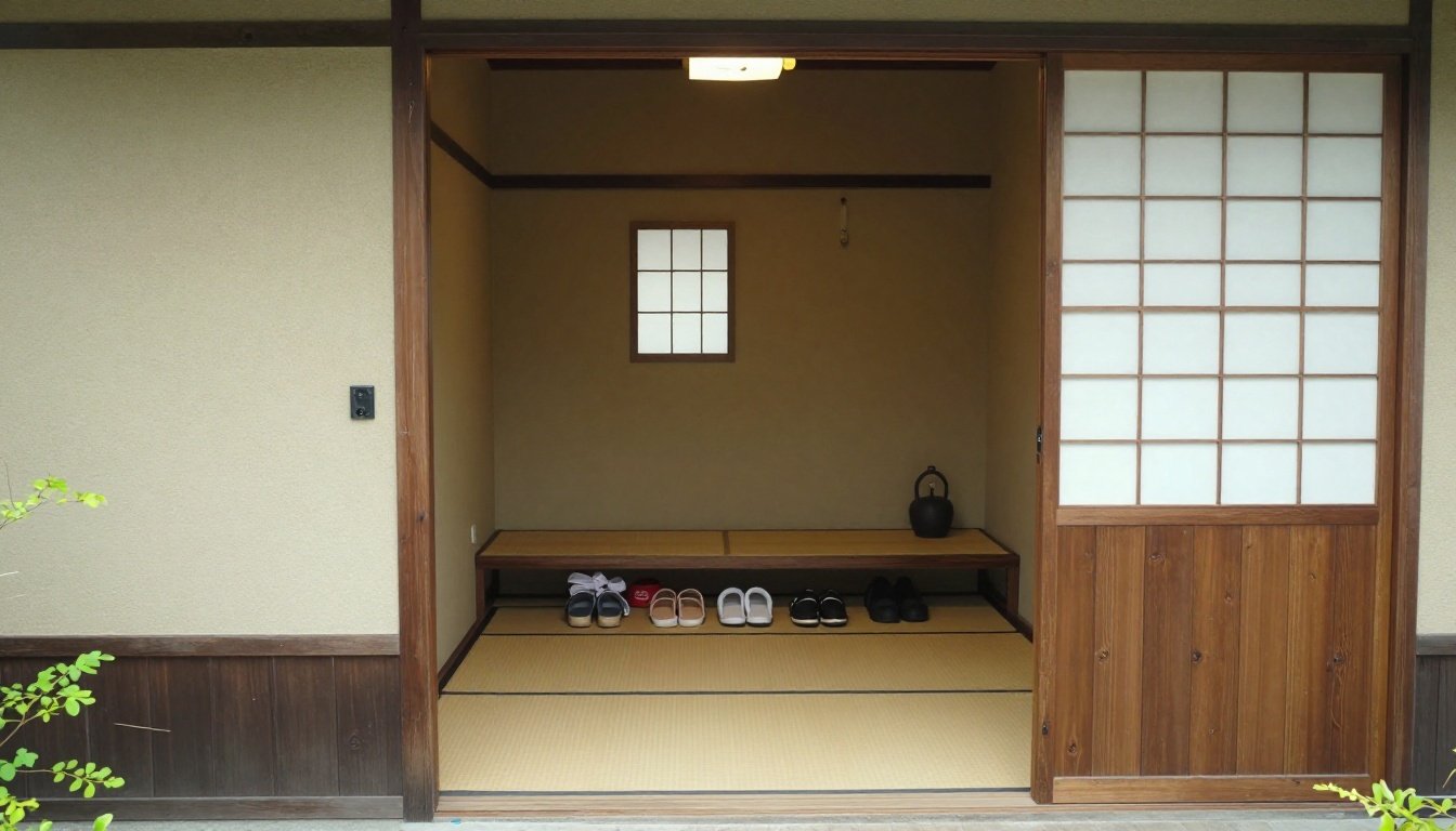 Η είσοδος ενός ιαπωνικού σπιτιού με καθαρά και τακτοποιημένα παπούτσια.