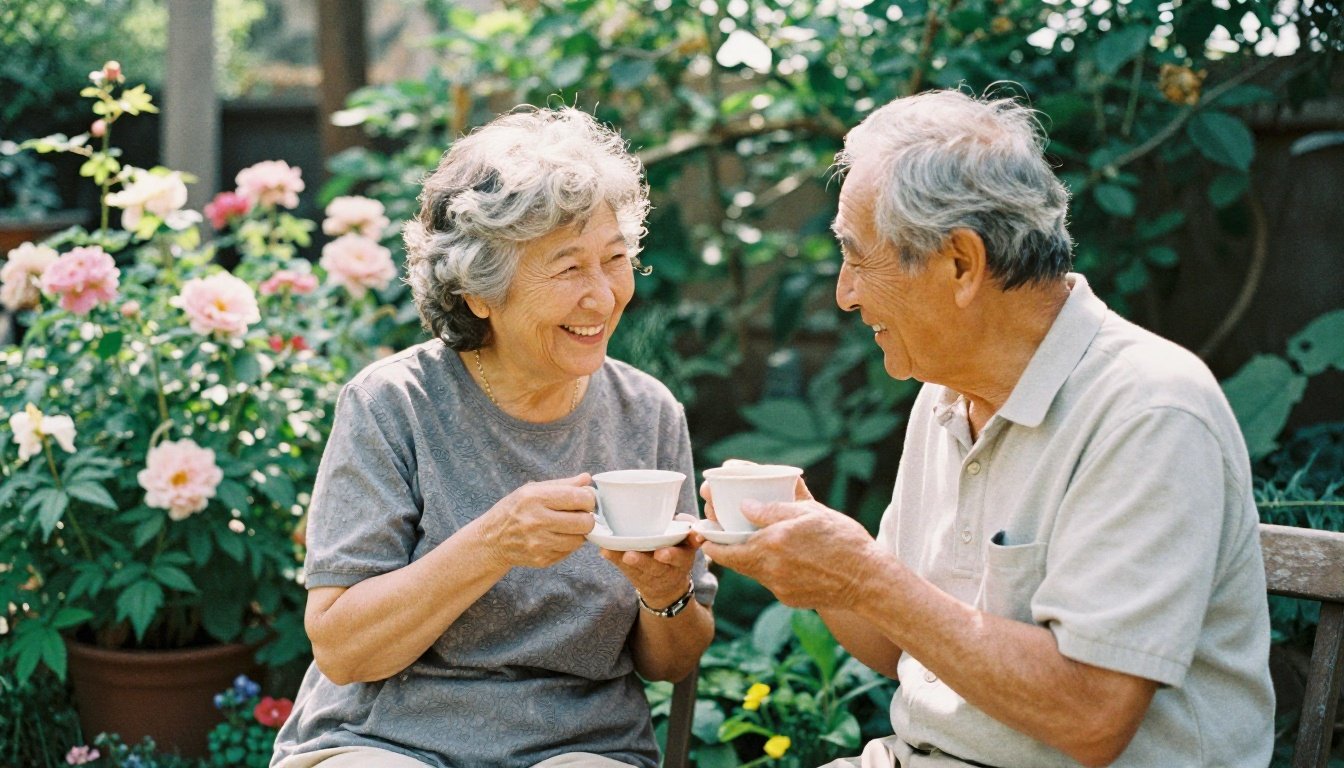 Αρμονική στιγμή μεταξύ ηλικιωμένου ζευγαριού σε κήπο