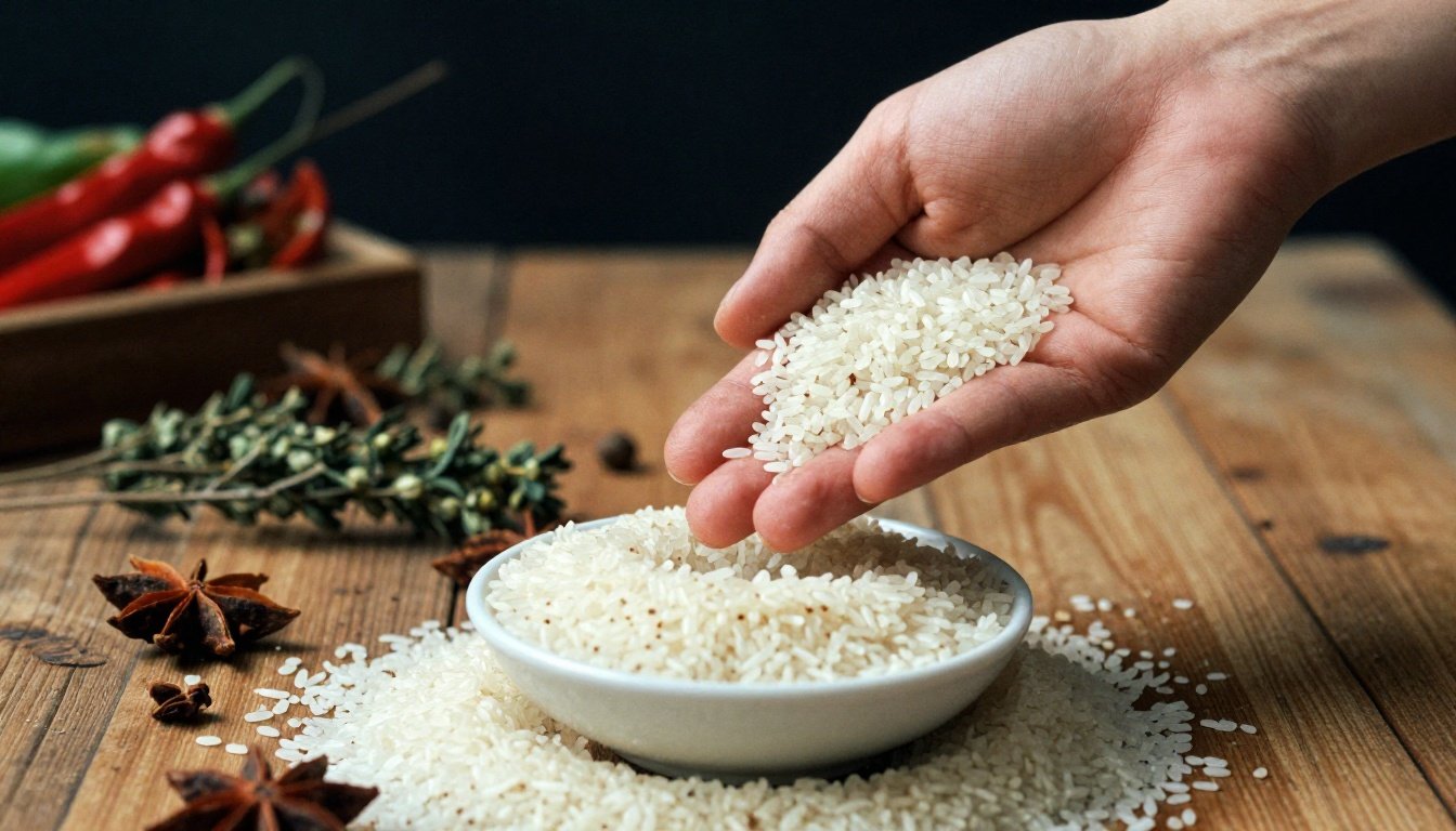 Χέρι που προσθέτει ρύζι σε μπολ με μπαχαρικά