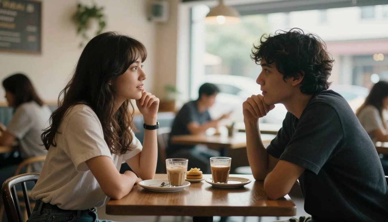 Ζευγάρι συζητά σε καφέ