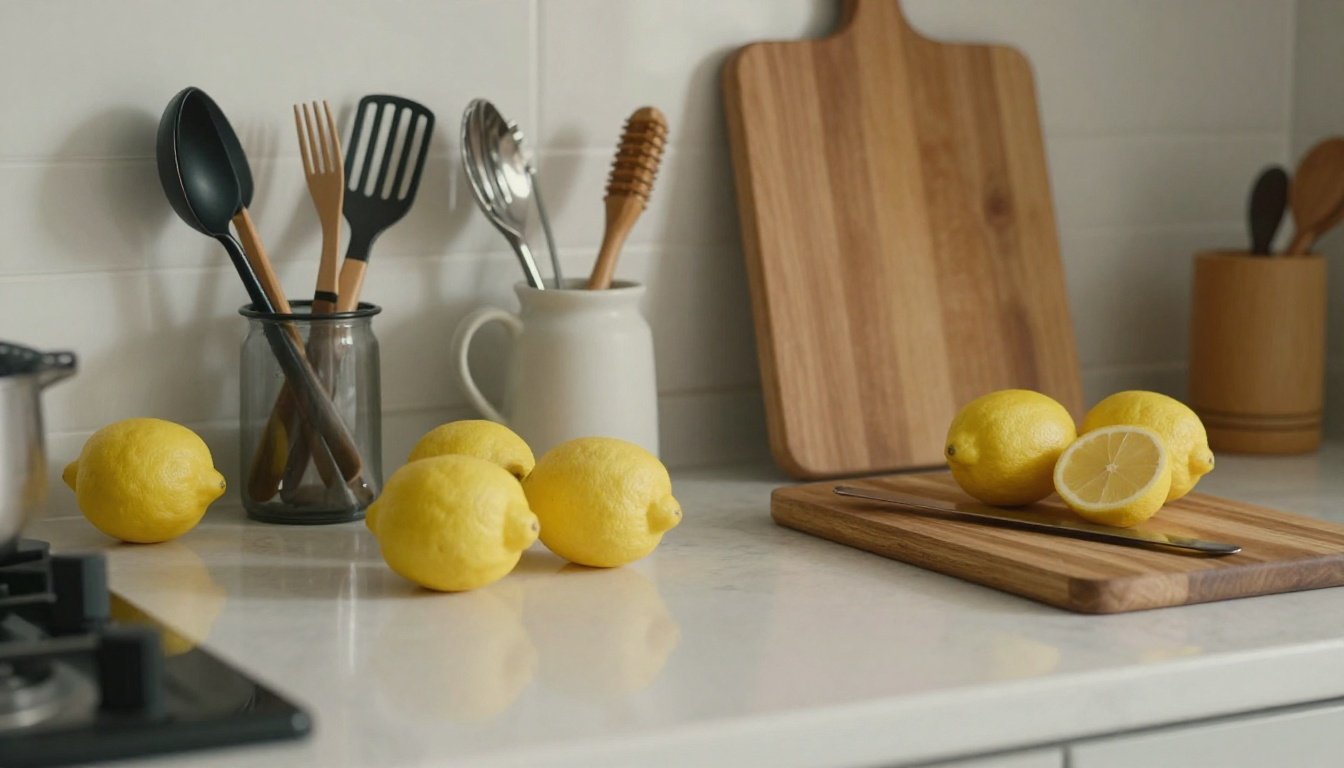 Φρέσκα λεμόνια και σκεύη σε μια κουζίνα