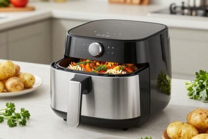 Ακρυλαμίδη και air fryer — Εικόνα αέρας με φρέσκα υλικά και μοντέρνα κουζίνα.