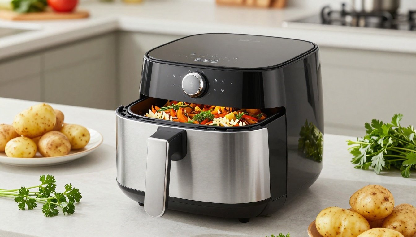 Ακρυλαμίδη και air fryer — Εικόνα αέρας με φρέσκα υλικά και μοντέρνα κουζίνα.