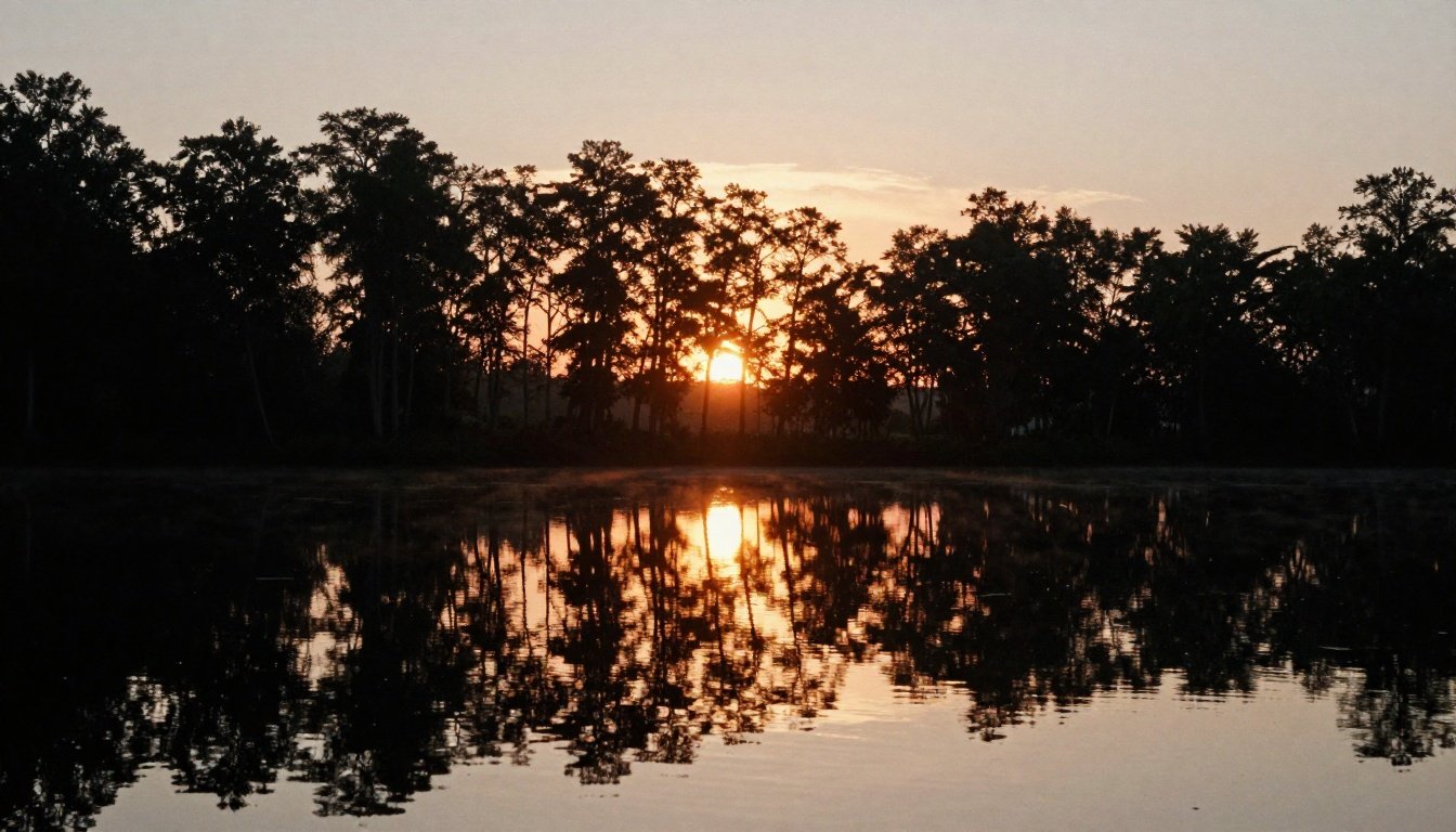 Ηλιοβασίλεμα πάνω από ήρεμη λίμνη με σκιές δέντρων