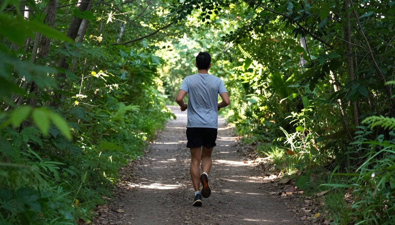 Αθλητής που τρέχει σε μονοπάτι στη φύση.