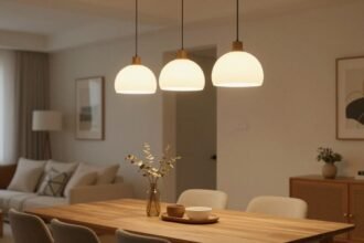 Ένα ζεστό εσωτερικό με κρεμαστά φωτιστικά πάνω από μια τραπεζαρία.