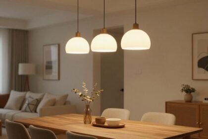 Ένα ζεστό εσωτερικό με κρεμαστά φωτιστικά πάνω από μια τραπεζαρία.