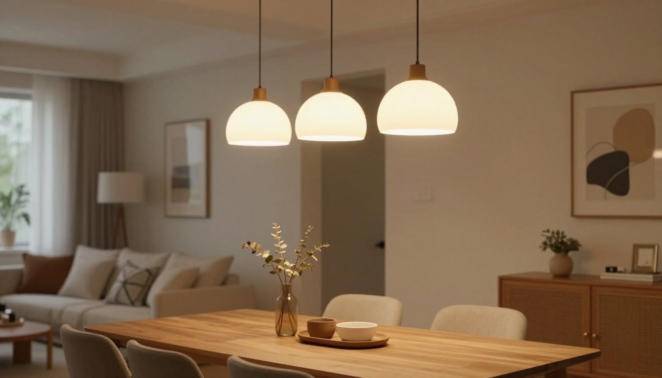 Ένα ζεστό εσωτερικό με κρεμαστά φωτιστικά πάνω από μια τραπεζαρία.
