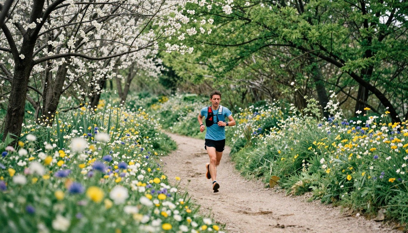 Τρέξιμο στη φύση ή στον διάδρομο; — Η αλήθεια που δεν περιμένατε 2 Runner on a scenic trail with blooming wildflowers