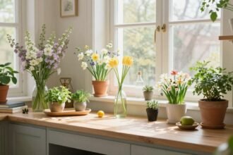 Ένας φρέσκος και ανανεωμένος χώρος διαβίωσης γεμάτος ανοιξιάτικα λουλούδια και βότανα.