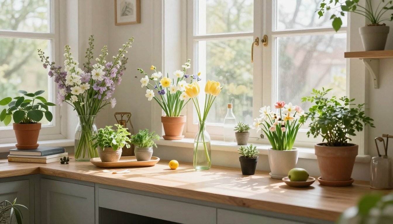 Ένας φρέσκος και ανανεωμένος χώρος διαβίωσης γεμάτος ανοιξιάτικα λουλούδια και βότανα.