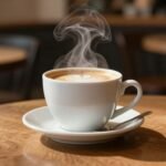 Κούπα καφέ σε ξύλινο τραπέζι με ήπια φωτιστική ατμόσφαιρα.