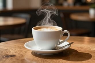 Κούπα καφέ σε ξύλινο τραπέζι με ήπια φωτιστική ατμόσφαιρα.