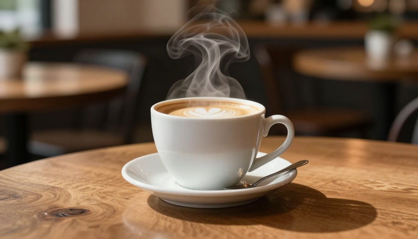 Κούπα καφέ σε ξύλινο τραπέζι με ήπια φωτιστική ατμόσφαιρα.