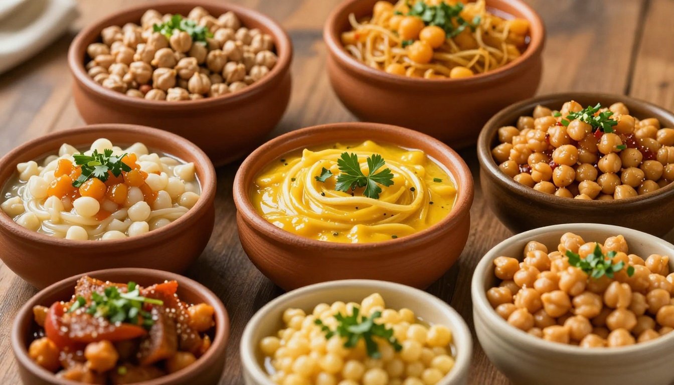 Οι σοφές συνταγές της γιαγιάς με ρεβίθια — Όταν η οικονομία συναντά τη γεύση 2 Μια ποικιλία από πιάτα με ρεβίθια, που δείχνουν τις παραδοσιακές και μοντέρνες προετοιμασίες τους.